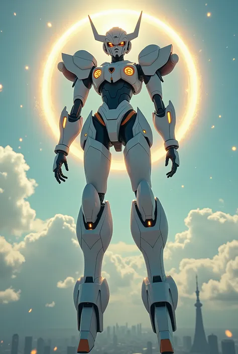 live-action、 real、 Super giant robot with a cyberpunk suit motif、White, navy blue and orange coloring、 slender female silhouette、On the foreheadＵ shaped antennas on each part 、large spherical shoulder parts、Glowing Parts 、Head with thruster 、 Large Backpac...