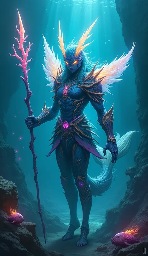 Pisces Zodiac Sign: Depicted as warriors in an epic and fantastical style: "Mystical aquatic warrior in sea-inspired armor, twin fins glowing like neon, holding a coral-shaped spear, underwater scene with bioluminescent creatures, dreamlike and surreal, fa...