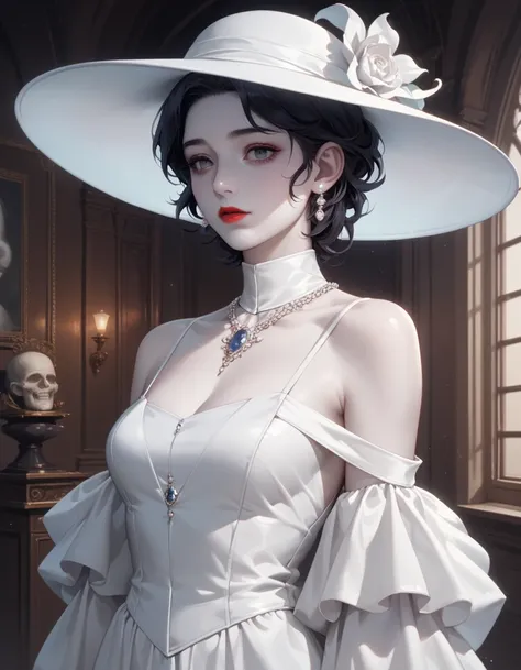 arafed woman in a white hat and dress with a red lip, pale porcelain white skin, guweiz, guweiz masterpiece, artwork in the style of guweiz, soft portrait shot 8 k, pale young ghost girl, porcelain white skin, by Russell Dongjun Lu, pale milky white porcel...