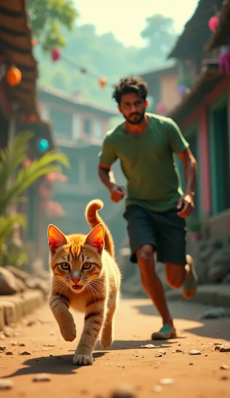 In cinematic 3D style ,HD image, realistic image ,colourful image. 
Character, Orange baby cat .
Character, a 30 year indian young man wearing green t-shirt and black shorts.
Action,A indian young man is running to kill a baby cat This car is very angry Ba...