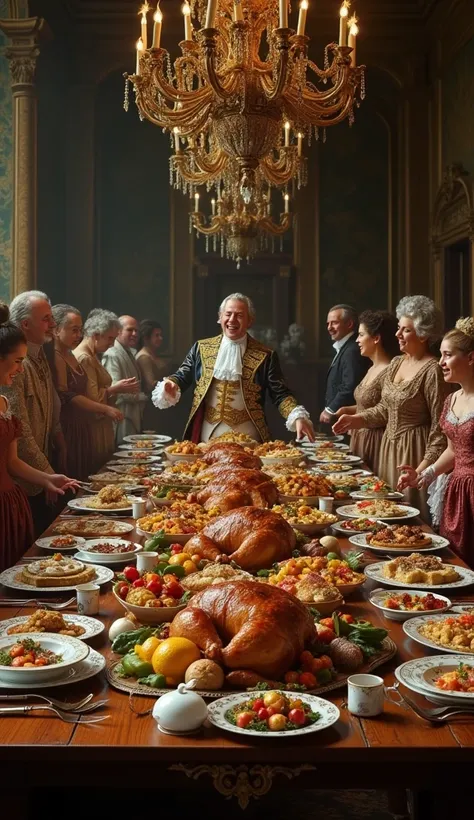 An exaggerated feast , with a man laughing while eating in the 18th century 