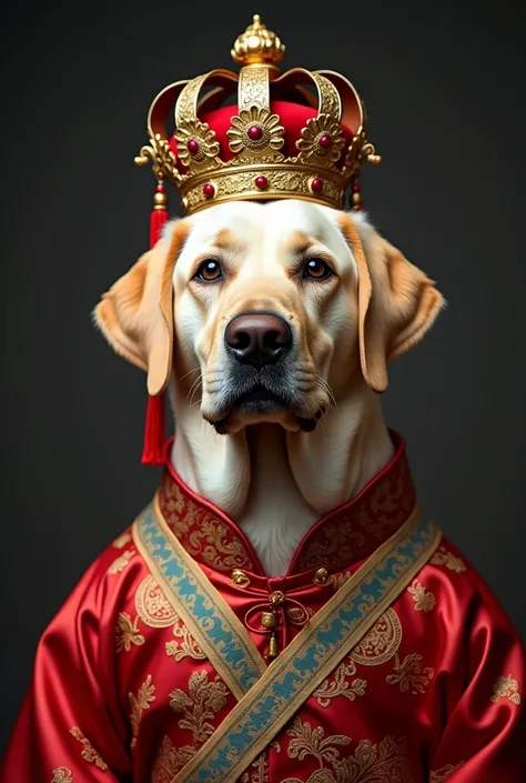 A Labrador dog wears an ancient Chinese royal costume,  showing the real texture of the dogs fur 。,  wearing an imperial crown on his head ， full-body photo ， The background is dark grey with a gradient ,  showing the extraordinary quality of photography ,...