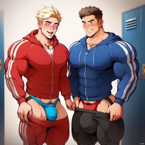 best quality, masterpiece, extremely detailed, muscular bodybuilder man standing in line with other muscular bodybuilder men, rugged windswept hair, sweaty, glistening skin, wearing a crystal, sexy jockstrap, wearing opened off-shoulder red tracksuit jacke...