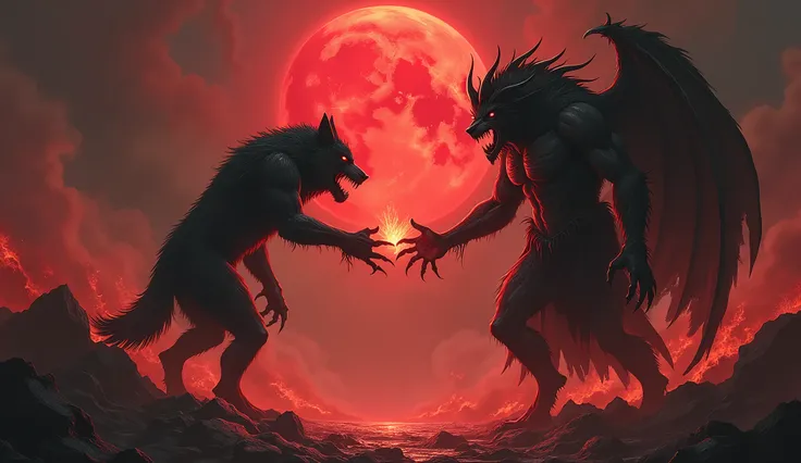 A terrifying scene where a werewolf and a devil stand facing each other, engaged in a dark pact. The werewolf, with glowing red eyes and sharp claws, has a menacing stance, its fur dark and matted. The devil, towering and imposing, with fiery skin and horn...