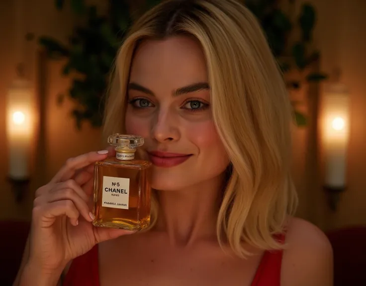 CM poster "Chanels No. 5 for you " written in middle Red decoration of gorgeous letters at the upon the screen,　front view, Margot Robbie , right hand hold   Chanels No. 5 perfume from own face, smile , shot cut, blond hair, Red Chanel dinner simple dress,...