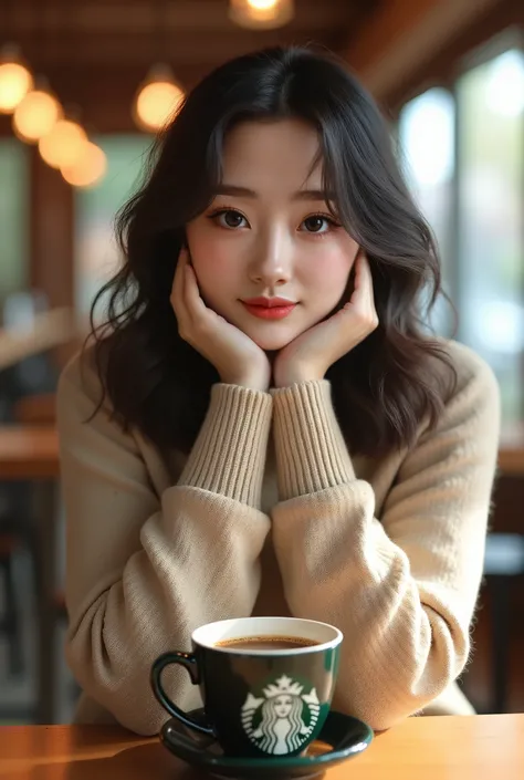 (High resolution), (8k), (Very detailed), (Highest quality),, (masterpiece),a beautiful woman, a beautiful woman, cowboy shot, ((Beautiful Japanese female college student))、(Inside the coffee shop),((A knitted sweater with sleeves long enough to cover the ...