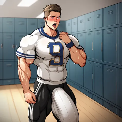 best quality, masterpiece, extremely detailed, muscular bodybuilder man standing in line with other muscular bodybuilder men, rugged windswept hair, sweaty, glistening skin, wearing a crystal, sexy jockstrap, wearing a football uniform, padded football pan...