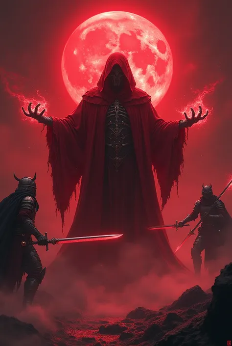  A red necromancer , blood moon,  ray tracing ,   masterpiece ,  best quality,  ultra quality,  absurd details , best light, best shade, sharp, sharp image, detailed, extremely detailed, great resolution, 8k, 4K, Ultra HD, particle effects, beautiful effec...