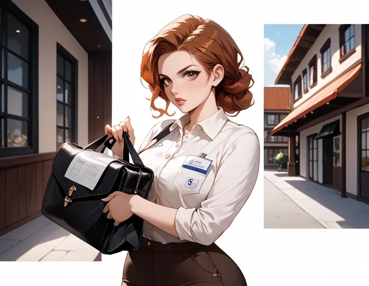 {{score_9, score_8_up, score_7_up, source_anime, rating_safe}} soft shading, 1girl, auburn hair, straight_hair, lips, brown_eyes, employee_uniform, wide_hips, denin_pants, upset, frowning, carrying a satchel, standing at the entry, of a house looking at th...