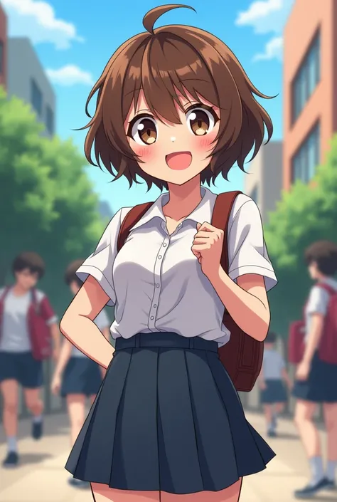  Create an anime girl with short brown hair, chubby, gordibuena, With brown eyes and with school and adolescent clothes, My Hero Academia style 

Ochako uraraka 