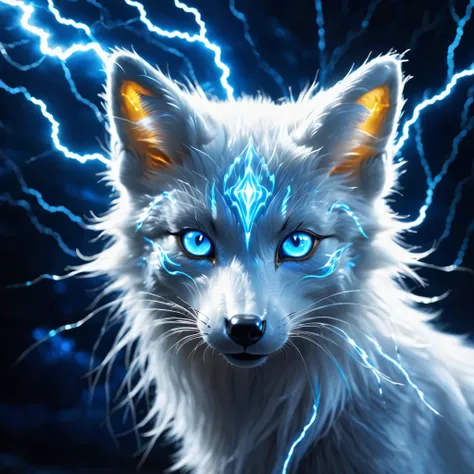 "A luminous electric ghost fox with bright blue eyes surrounded by powerful rays and crackling electricity against a dark and stormy background"
