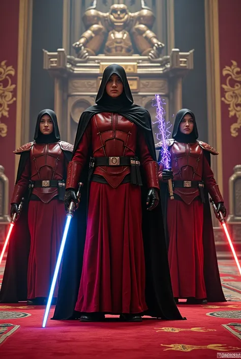 Heres the reformulated prompt:

# Scene Description
Create a vivid depiction of three Imperial Praetorian Guards from the Star Wars universe, standing proudly within the grandeur of Emperor Palpatines throne room on the Galactic Empires capital planet, Bys...