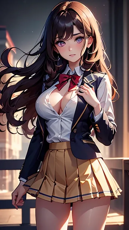 (2girls), Brown hair, Amazing face and eyes, Pink eyes, (hi-school uniform with wide open breasts:1.2), beautiful big breasts, bare breasts, (amazingly beautiful girl), Brown hair, (High School Uniform, Pleated mini-skirt:1.5), ((Best Quality)), (Ultra-det...