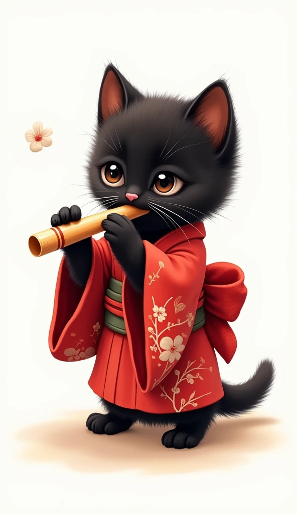  kitten Munchkin
Coat color is black 90 %Female dark brown 7 %brown 3%
 wearing a cute red kimono
Playing shakuhachi
The background is white
