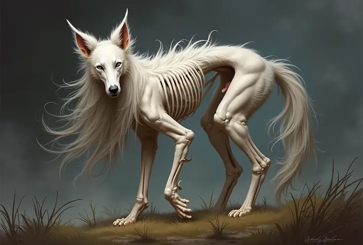  chimera human head long hair, Dog body thin skeleton