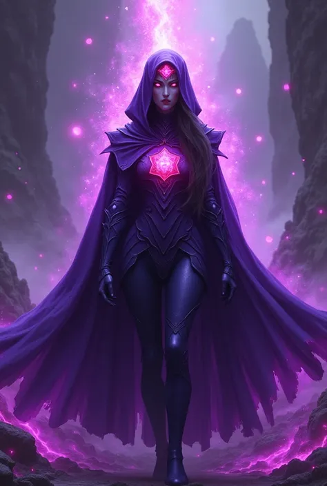 Reven of the young Titans with their purple robe, their white skin and their red gem in the center of their forehead, their ren are legendary purple with an aura of power that surrounds their body, the gem on their forehead is hexagonal, she is a woman but...