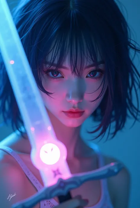 Beautiful Asian woman, 18 years .
girl with deep blue hair, holding a translucent sword adorned with a glowing pink emblem. The characters intense gaze is partially obscured by the blade, creating a dramatic and captivating composition. The cool tones of t...