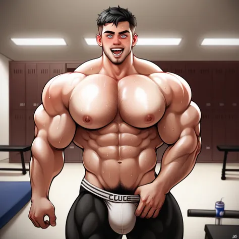 best quality, masterpiece, extremely detailed, muscular bodybuilder man standing in line with other muscular bodybuilder men, rugged windswept hair, sweaty, glistening skin, wearing a crystal, sexy jockstrap, wearing a football uniform, padded football pan...