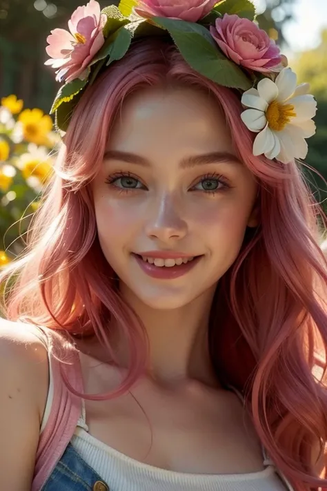 The image is a portrait of a young woman with pink hair. She is wearing a denim vest over a white top and has a flower crown on her head. The woman is smiling and looking directly at the camera. The background appears to be a park or garden with trees and ...