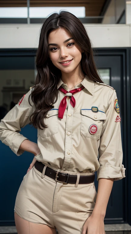 A beautiful and sexy  (( girl)), (:1.4), dressed in Boy Scout uniform  , It is standing in front of the observer,  looking at the observer ,   smiling at the observer 