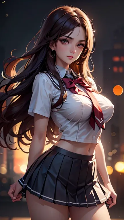 (2girls), Brown hair, Amazing face and eyes, Pink eyes, (hi-school uniform with wide open breasts:1.2), beautiful big breasts, bare breasts, (amazingly beautiful girl), Brown hair, (High School Uniform, Pleated mini-skirt:1.5), ((Best Quality)), (Ultra-det...