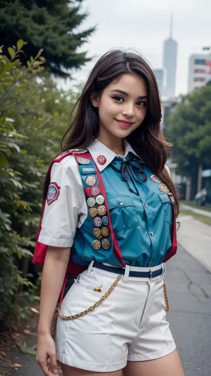 A beautiful and sexy  ((  girl:1.4)), dressed in Boy Scout uniform  , It is standing in front of the observer,  looking at the observer ,   smiling at the observer 