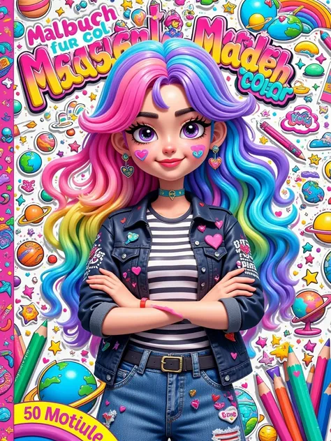 Create a vibrant, detailed coloring book cover featuring a confident and stylish teenage girl with long, wavy, multi-colored hair in shades of pink, purple, and blue. The girl should be standing with her arms crossed, wearing a casual, trendy outfit includ...