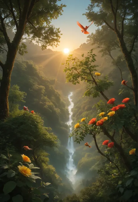 "A serene sunrise scene at dawn with soft, golden sunlight gently illuminating the landscape. In the foreground, lush trees with vibrant green leaves stand tall, surrounded by a variety of colorful flowers in full bloom, including reds, yellows, and purple...