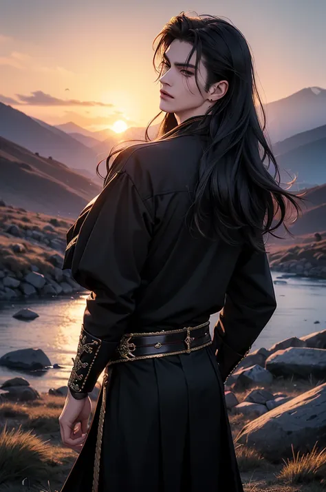 (Best quality)), ((masterpiece)), (detailed), ((perfect face)), ((halfbody)) perfect proporcions, He is a handsome vampire, 1, he is sexy, long hair, badass, He has his back to the camera, mountain in the background, sunset sky, ((perfect face)), full body...