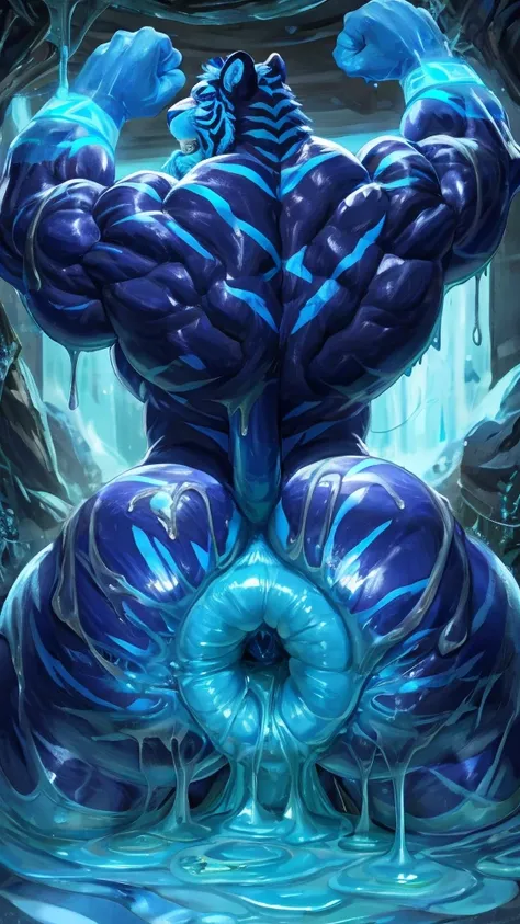 Ultra detailed, Blue tiger, blue glow eye, blue glow body, blue mouth, huge muscle, blue glow everywhere, puffy anus, spread anus, grab butt, blue slime, slime sex, slime fart