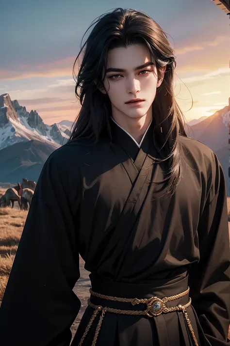 (Best quality)), ((masterpiece)), (detailed), ((perfect face)), ((halfbody)) perfect proporcions, He is a handsome vampire, 1, he is sexy, long hair, badass, He has his back to the camera, mountain in the background, sunset sky, ((perfect face)), full body...