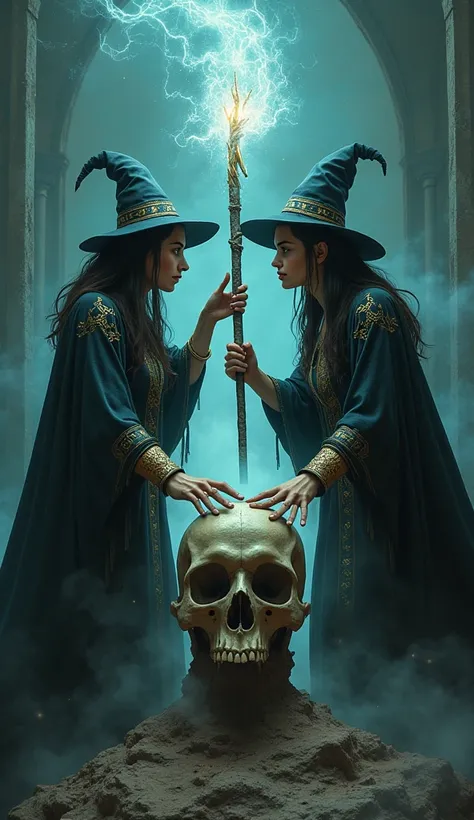 Create a witch with a clone on her side fighting for a magic wand from the absolute skull 