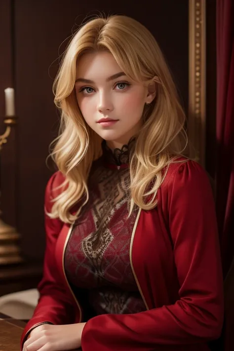 A 19-year-old medieval blonde,  brown-eyed girl in a burgundy dress with a mischievous look 