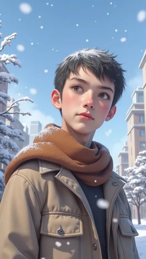 best quality, masterpiece, (photorealistic:1.4), 1boy, solo, short hair, big eyes, brown coat,scarf,  ((upper body:1.3)), dramatic lighting, looking at viewer, standing, outdoors, snow, cityscape, streets, buildings,