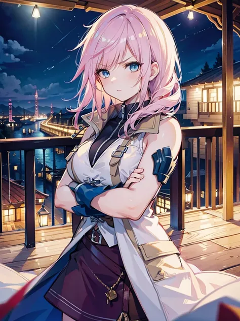 High Resolution, High Quality, High detail, Balcony scene, night, 1girl, lightning, blue vest, looking at viewer, annoyed expression, crossed arms