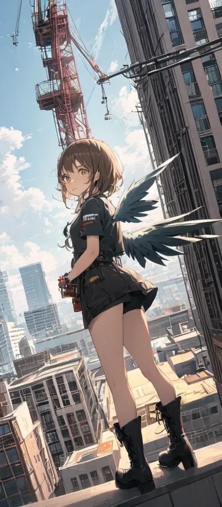 (  masterpieces during breakfast ,  top quality),the above ,  1 girl, Alone, (Feathered Wings :1.2),  sign,  Brown Eyes ,  brown hair,  Building , city, cloudy null,  comments,  boots, crane (mechanical),  Dutch angle, from side, light grimace ,  watch vie...