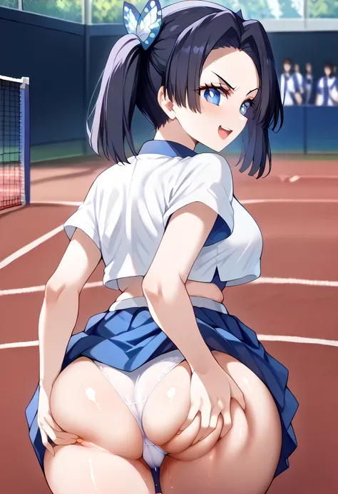 score_9, score_8_up, score_7_up, source_anime, 1girl, smile, orgasm,upper teeth only, skirt lift,back view,standing, looking at viewer, ((own ass grab:1.5)), detail panties, detail butt,indoors, bedroom, blurry background, solo,(tennis uniform, sportswear,...