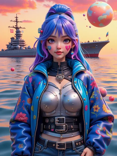 Create a female character ， She is a fusion of human and battleship elements 。 She has human appearance characteristics ， but is wearing a metallic one The blue-toned ， with silver decorations ， symbolizes power and honor 。 a modern giant battleship floati...