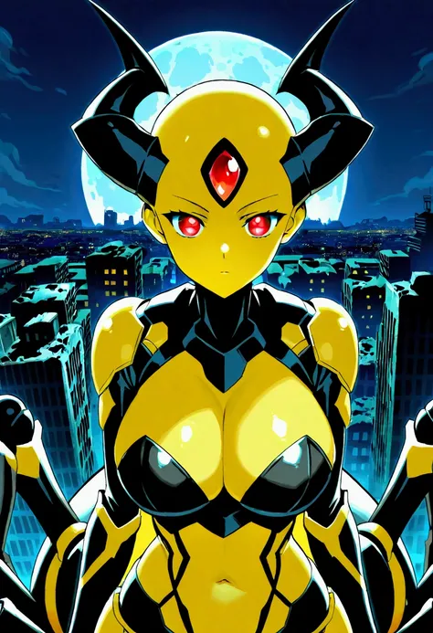 score_9,score_8_up,score_7, source anime, BREAK,1 girl, solo, mech spider girl, machine, arthropod girl, black mech suit, yellow skin, yellow body, long black demon_horn, insect_wings, bald, red-eyes, big large breasts honeycomb outline, black arachnid tau...