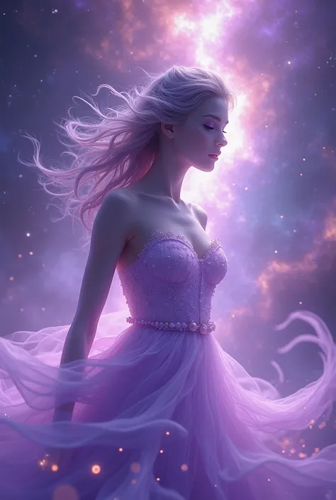 create a woman,  which in its normal form is a purple nebula, Make it human 