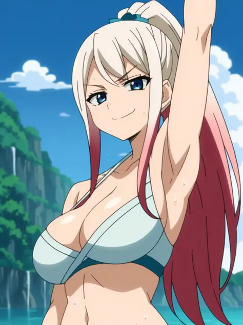 score_9, score_8_up, score_7_up, source_anime, anime screencap, 1girl, solo, mirahane strauss, long hair, white hair, blue eyes, large breasts, navel, cleavage, bare shoulders, ponytail, japanese clothes, high ponytail, sarashi, arm up, raised arm, armpit,...