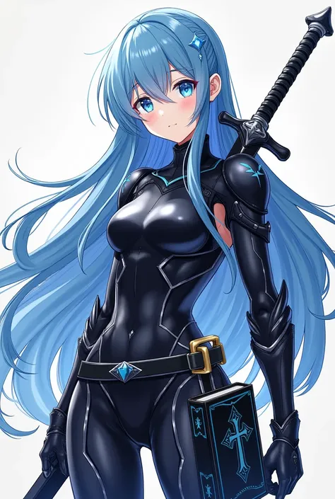  White girl  , blue hair, black armor suit with metallic touches, layer,  2 large swords on her back that measure 35cm ,  a dark colored book with blue touches on his hip with the symbol of a cross, anime style 