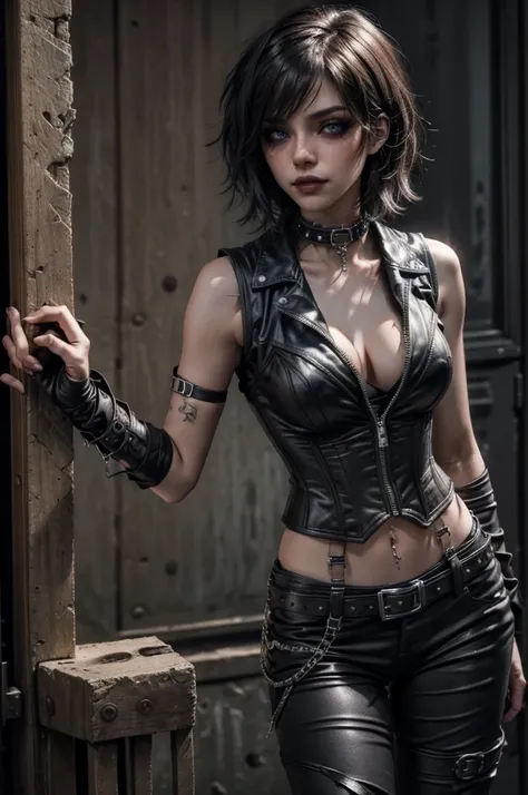 lora_Emma, young woman with short black emo_hairstyle, very slim, very skinny, heavy makeup, luxurious high value and tight fitted clothing, ((leather corset with belt straps and open sleeveless leather vest with high collar)), (long fingerless leather glo...