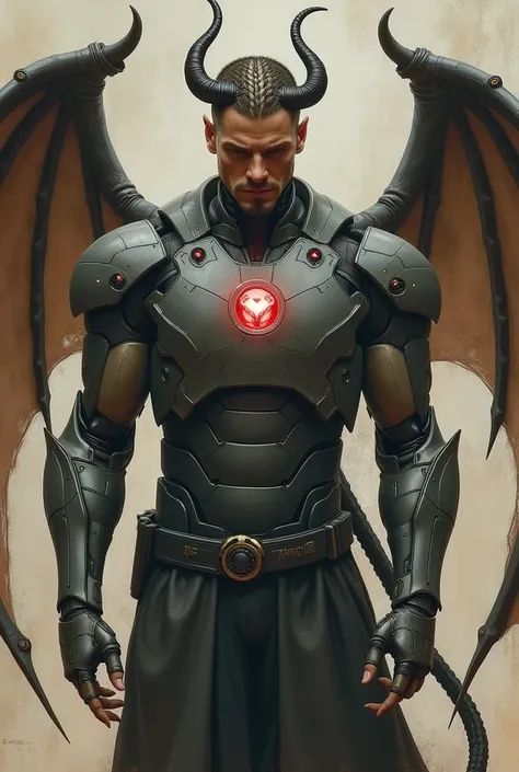 (a mans hair buzzcut and braided one with a small size down all the way to the neck)( horned and long-tailed like a devil ),( has a pair of devil-like wings ), (Handed cyborg /robot),(wearing an ironman uniform), background inscription  "A GHOST YOU SEE" (...