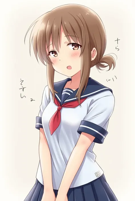 score_9, score_8_up, score_7_up, nsfw, ( Oloster MC Style,  With Them _(Terasu _MC)), (1girl,  solo ), ( Brown Hair , low ponytail), (School Uniform,  sailor suit), Big Boobs,Disappointed,  simple background, Licking your lips, 