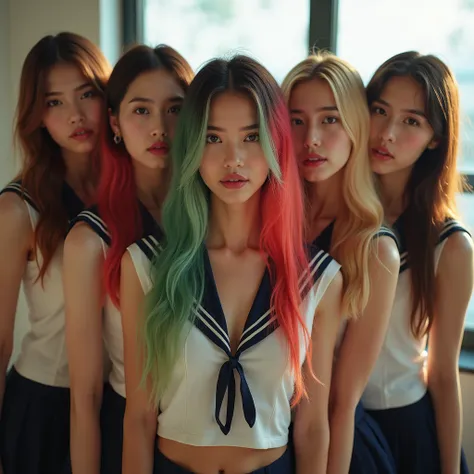 photo ( lyrics, 8K, 4k, high contrast, masterpiece:1.2, 最 lyrics, best aesthetics), , (( Four women in sailor suits posing sexy)), the face of a beautiful woman , Facial details:1.2, Colourful hair colors , The finer details , School Harem , Lots of light ...