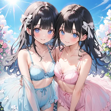 ((2 girls hugging each other from back :1.1))、smile、 black hair、 black hair、(Small white ribbon)、small breasts、( light pink bra、  make me light pink panties、light blue bra、  light blue panties  ),  peace sign、Beautiful gardens、Blooming Flowers々、 Clear Blue...