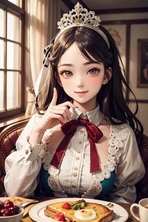 1 person,   masterpieces during breakfast ,  top quality, 8k,  Fine skin texture , Detailed Fabric Texture,   headband with lace trim {x}  Beautifully Detailed Face ,  intricate details,  super detailed,  Alice in Wonderland , (A ribbon on her head:1.1),  ...