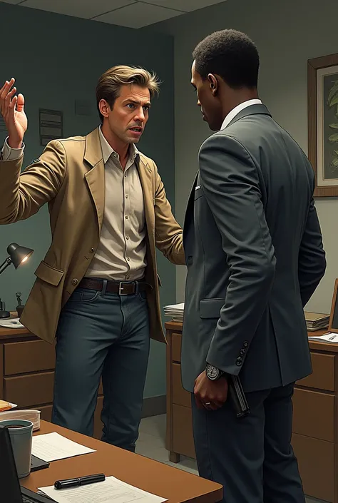 Brown thin man in a detective outfit with a shocked face, while a black man has a gun in his pocket in his hand and is angrily glaring at him inside an office
Drawing style