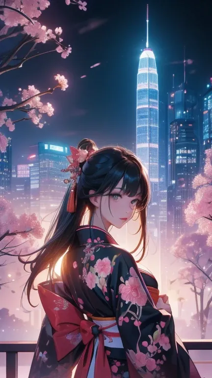 8k、 Ultra High Definition、Beauty、beautiful、 detailed、 realistic 、Realistic、 realistic 、Jet Black Hair、 straight hair、((Wearing a Japanese-style kimono))、 back view、((((Facing and looking back to the right ))))、 standing、(( Future City))、(( Cyber))、neon、Nea...